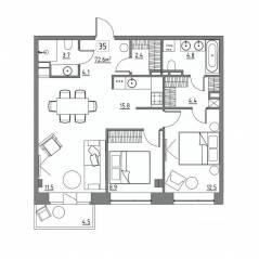 Апарт-комплекс «Residence 15», планировка 3-комнатной квартиры, 72.60 м²