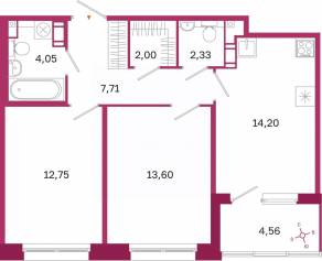 ЖК «Дом на Курской», планировка 2-комнатной квартиры, 58.92 м²