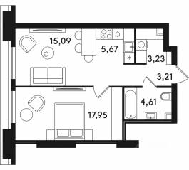 ЖК «Solos», планировка 1-комнатной квартиры, 49.76 м²