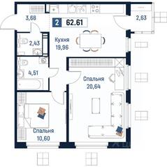 ЖК «Максималист», планировка 2-комнатной квартиры, 62.61 м²