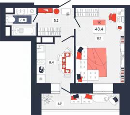 ЖК «Феникс», планировка 1-комнатной квартиры, 43.40 м²