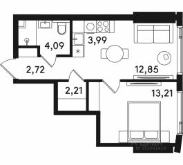 ЖК «Solos», планировка 1-комнатной квартиры, 39.07 м²