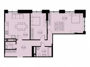 ЖК «7 небо», планировка 3-комнатной квартиры, 77.30 м²