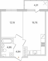 ЖК «Ясно. Янино», планировка 1-комнатной квартиры, 42.94 м²