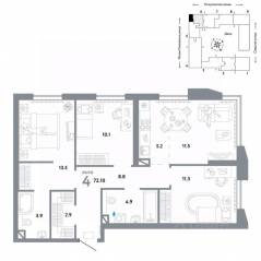 ЖК «Страна.Озерная», планировка 4-комнатной квартиры, 72.10 м²
