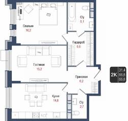 ЖК «Киноквартал», планировка 2-комнатной квартиры, 66.80 м²