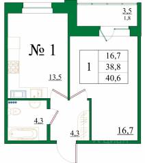 ЖК «Орловский бульвар», планировка 1-комнатной квартиры, 40.60 м²