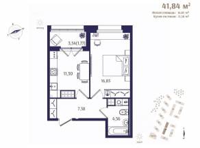 ЖК «Ranta Residence», планировка 1-комнатной квартиры, 41.84 м²