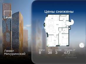 ЖК «Level Мичуринский», планировка 3-комнатной квартиры, 67.10 м²