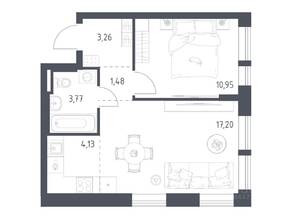 ЖК «Квартал Авиаторов», планировка 1-комнатной квартиры, 40.79 м²