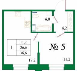 ЖК «Орловский бульвар», планировка 1-комнатной квартиры, 36.60 м²
