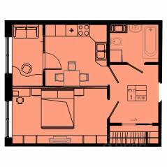 ЖК «Pixel», планировка 1-комнатной квартиры, 37.60 м²