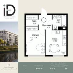ЖК «ID Petrogradskaya», планировка 1-комнатной квартиры, 37.45 м²
