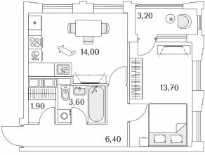 ЖК «Тайм Сквер», планировка 1-комнатной квартиры, 41.20 м²