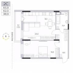 ЖК «Пироговская Ривьера», планировка 2-комнатной квартиры, 62.10 м²