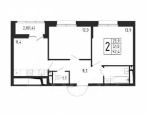 ЖК «Берег», планировка 2-комнатной квартиры, 52.40 м²