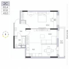ЖК «Пироговская Ривьера», планировка 2-комнатной квартиры, 61.60 м²