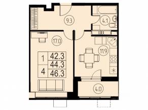 ЖК «River Park», планировка 1-комнатной квартиры, 44.30 м²