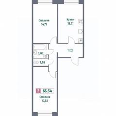 ЖК «Фотограф», планировка 2-комнатной квартиры, 63.34 м²