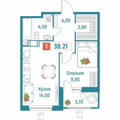 ЖК «Графика», планировка 1-комнатной квартиры, 39.21 м²
