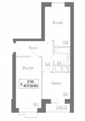 МЖК «Новое Замитино», планировка 2-комнатной квартиры, 51.50 м²