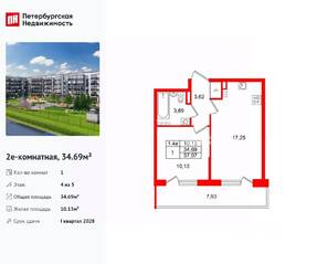 ЖК «Парадный ансамбль», планировка 1-комнатной квартиры, 34.69 м²