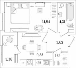 ЖК «Гранат», планировка 1-комнатной квартиры, 35.94 м²