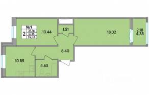 ЖК «Рождественский квартал», планировка 2-комнатной квартиры, 59.33 м²
