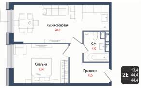 ЖК «Киноквартал», планировка 2-комнатной квартиры, 44.40 м²