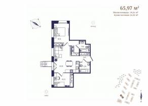 ЖК «Ranta Residence», планировка 2-комнатной квартиры, 65.97 м²