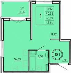 МЖК «Образцовый квартал 16», планировка 1-комнатной квартиры, 40.53 м²