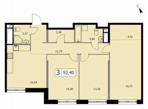 ЖК «Self», планировка 3-комнатной квартиры, 92.30 м²