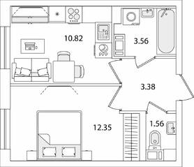 ЖК «Кинопарк», планировка 1-комнатной квартиры, 31.67 м²