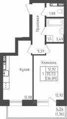 ЖК «Зеленый Оазис-Город», планировка 1-комнатной квартиры, 36.89 м²