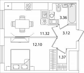 ЖК «Кинопарк», планировка 1-комнатной квартиры, 31.27 м²