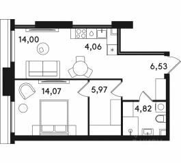 ЖК «Solos», планировка 1-комнатной квартиры, 49.45 м²
