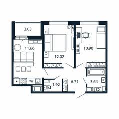 ЖК «Полис ЛАВрики», планировка 2-комнатной квартиры, 45.80 м²