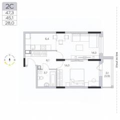 ЖК «Пироговская Ривьера», планировка 1-комнатной квартиры, 45.40 м²