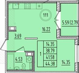 МЖК «Образцовый квартал 17», планировка 1-комнатной квартиры, 38.95 м²