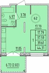 МЖК «Образцовый квартал 17», планировка 1-комнатной квартиры, 37.59 м²