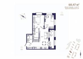 ЖК «Ranta Residence», планировка 2-комнатной квартиры, 60.47 м²