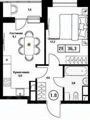 ЖК «Пушкино Град», планировка 1-комнатной квартиры, 36.30 м²