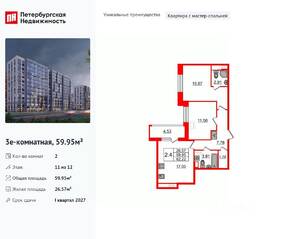 ЖК «Бионика Заповедная», планировка 2-комнатной квартиры, 59.95 м²