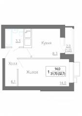 МЖК «Новое Замитино», планировка 1-комнатной квартиры, 33.40 м²