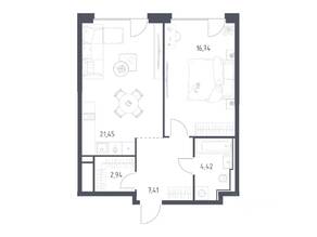 ЖК «Квартал на воде», планировка 1-комнатной квартиры, 52.96 м²