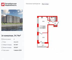 ЖК «Setl Ривьера», планировка 1-комнатной квартиры, 34.74 м²