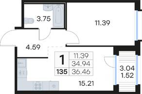 ЖК «GloraX Парголово», планировка 1-комнатной квартиры, 36.50 м²