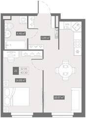 Апарт-комплекс «ZOOM на Неве», планировка 1-комнатной квартиры, 43.30 м²
