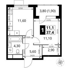 ЖК «1-й Химкинский», планировка 1-комнатной квартиры, 37.40 м²
