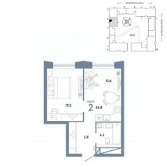 ЖК «Страна.Заречная», планировка 2-комнатной квартиры, 36.80 м²